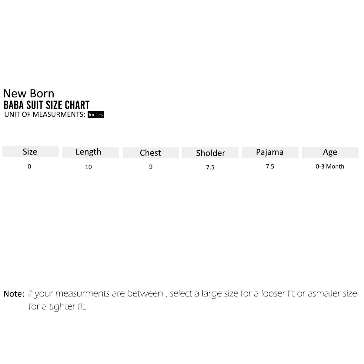 Newborn baby baba suit size chart with measurements in centimeters.
