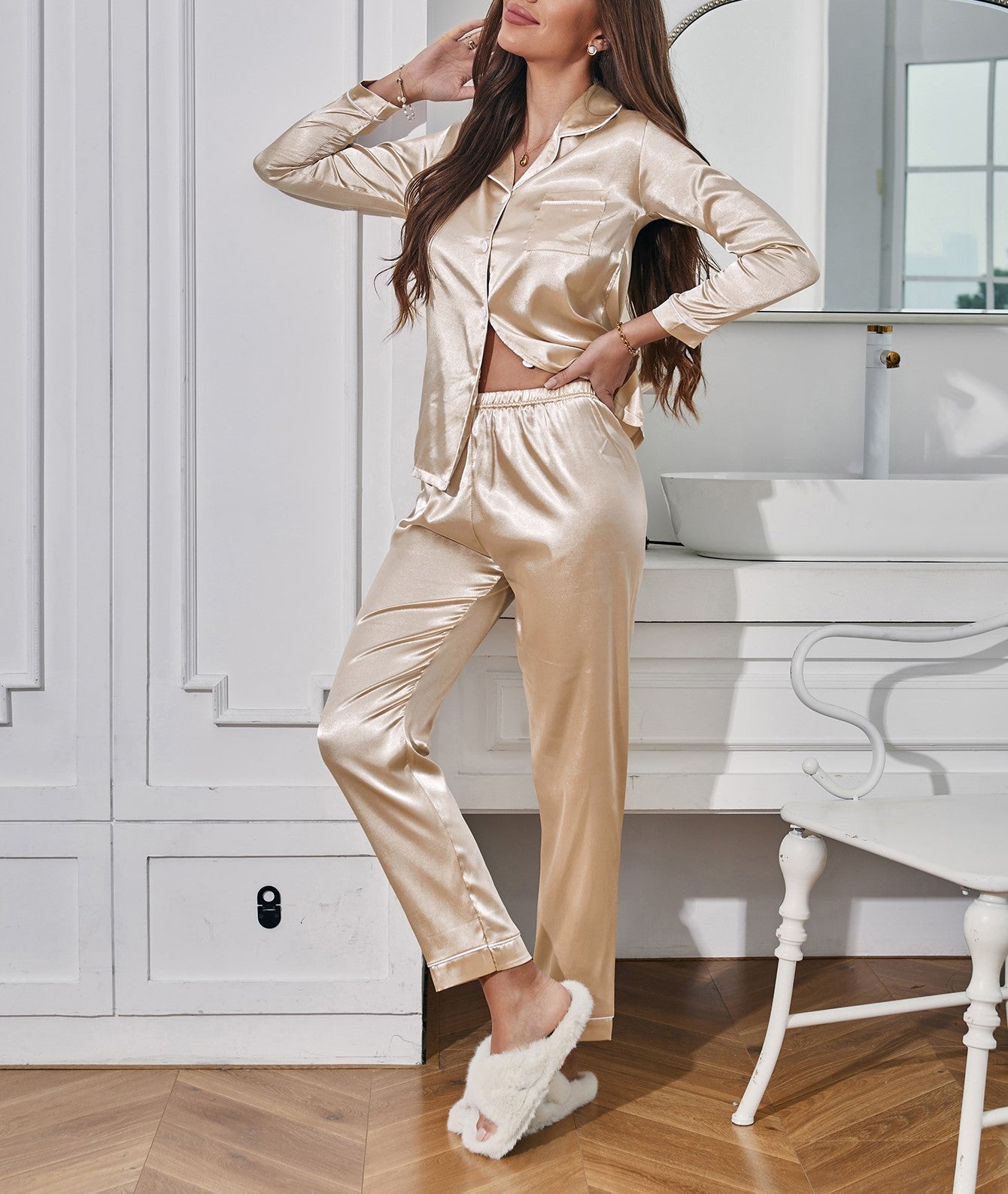 Light Fawn Plain Silk Night Suit For Women/Girls WNS40