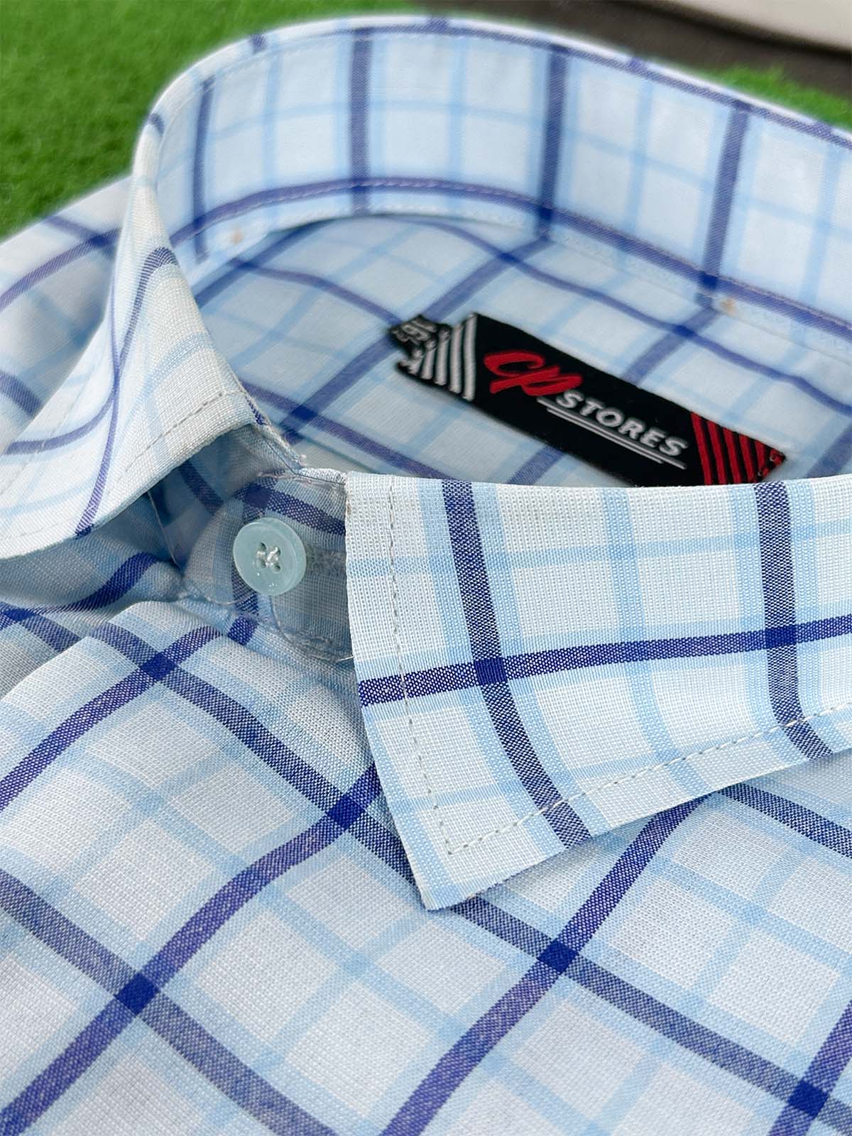 Sky Blue Checks Formal Dress Shirt For Men MFS394