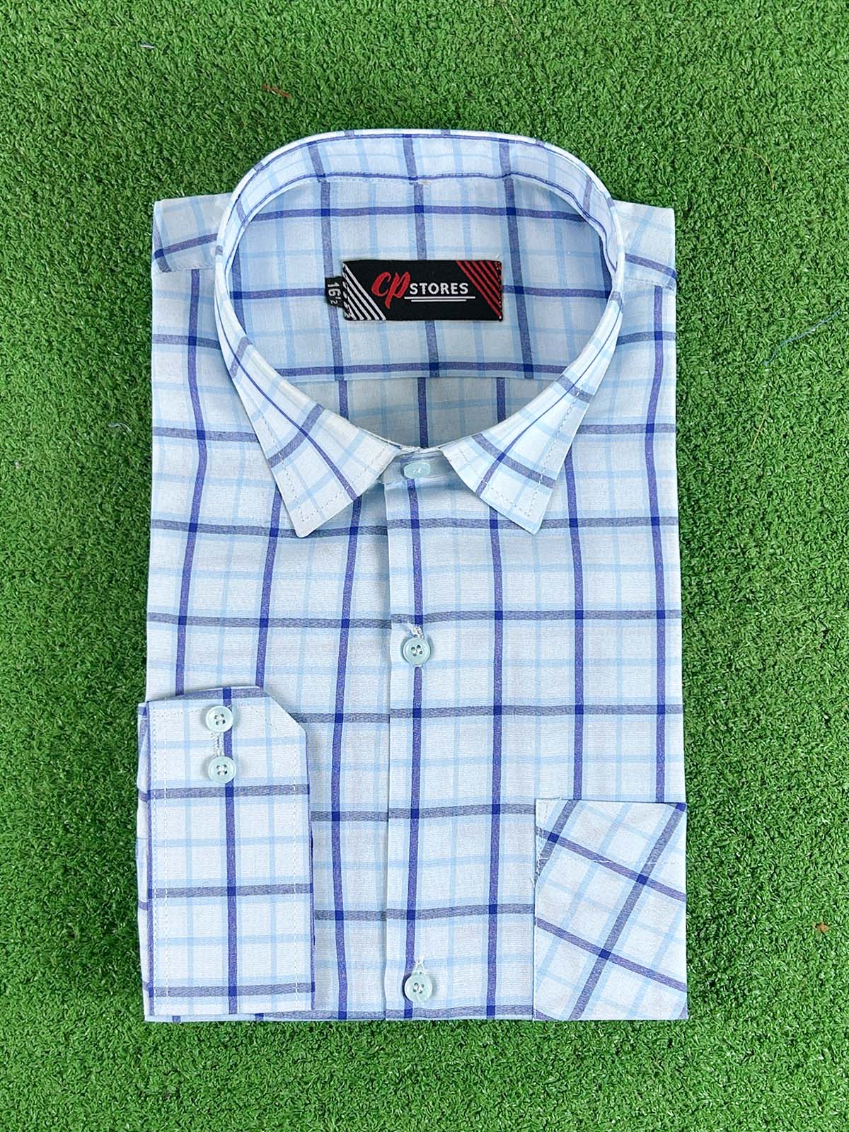 Sky Blue Checks Formal Dress Shirt For Men MFS394