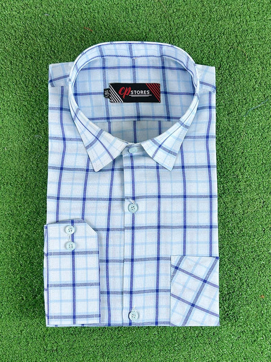 Sky Blue Checks Formal Dress Shirt For Men MFS394
