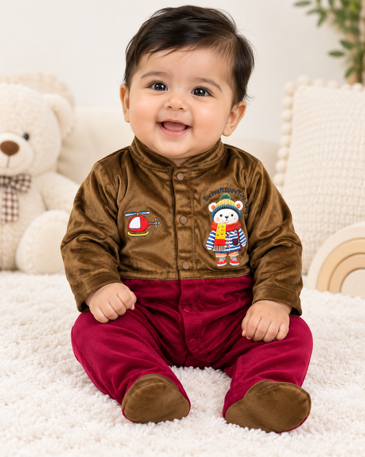 0Mth - 3Mth Mocha Brown & Burgundy Velvet Romper For Newborn NBR194