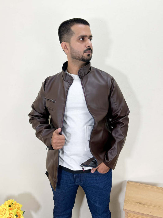 Dark Brown Faux Leather Jacket For Men MJ32
