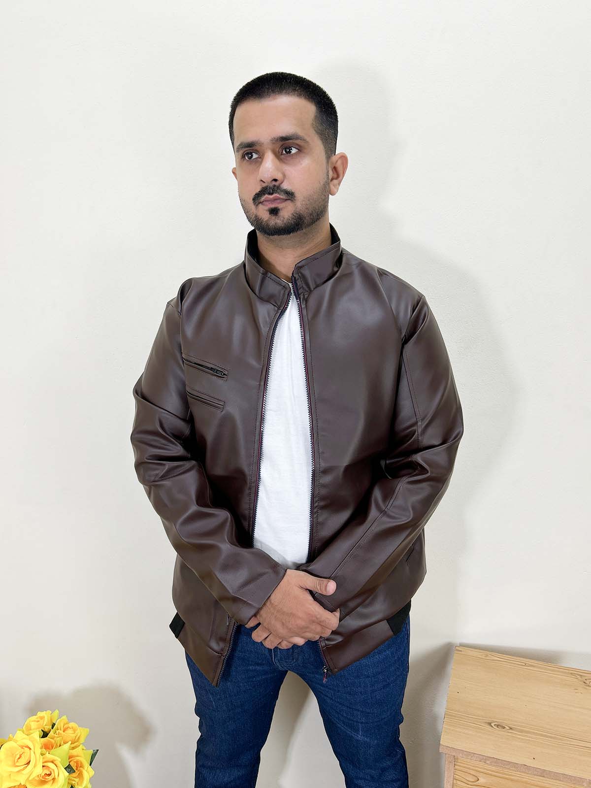 Dark Brown Faux Leather Jacket For Men MJ32
