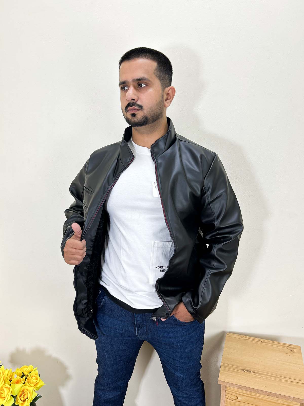 Black Faux Leather Jacket For Men MJ34