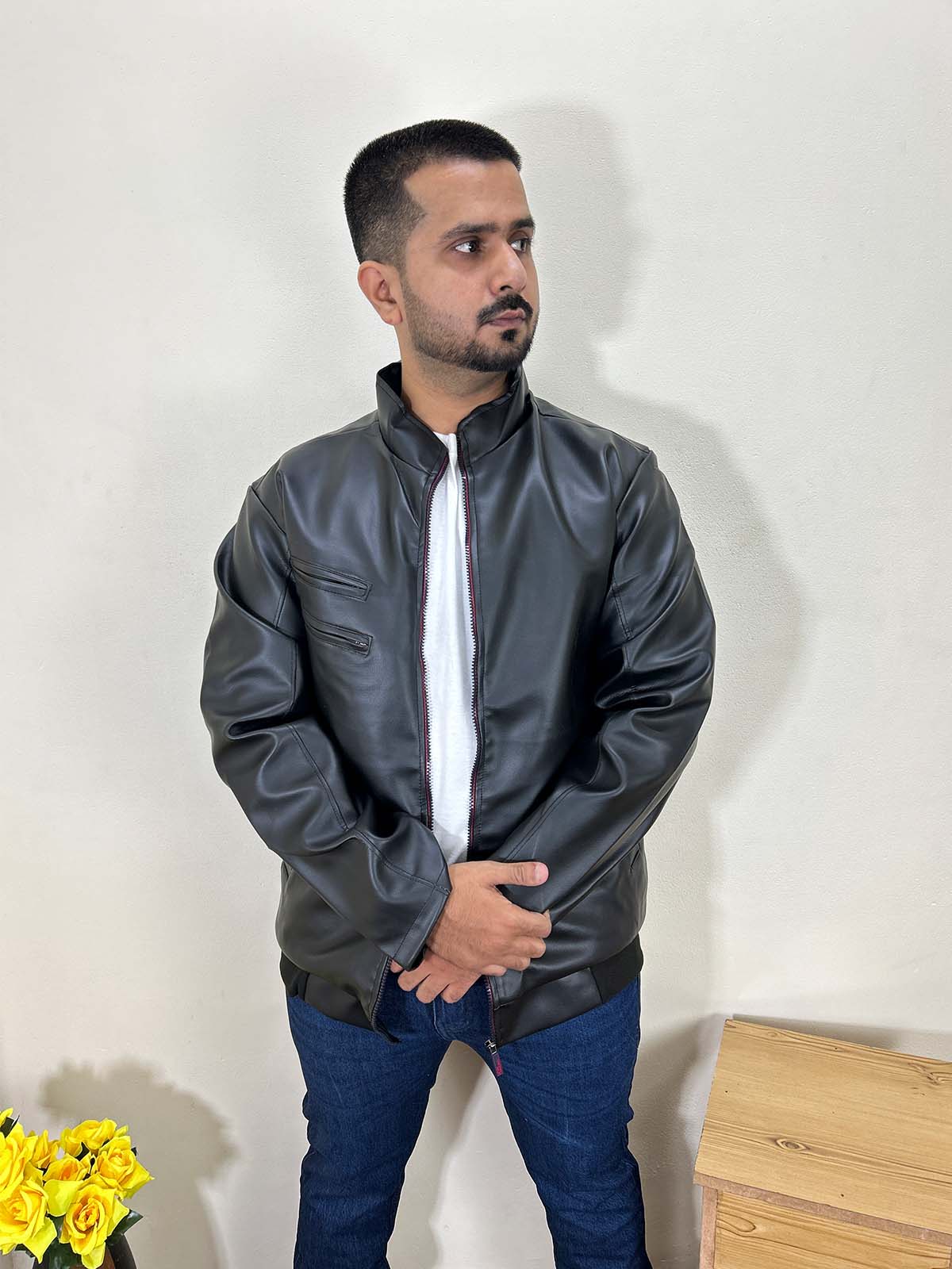 Black Faux Leather Jacket For Men MJ34