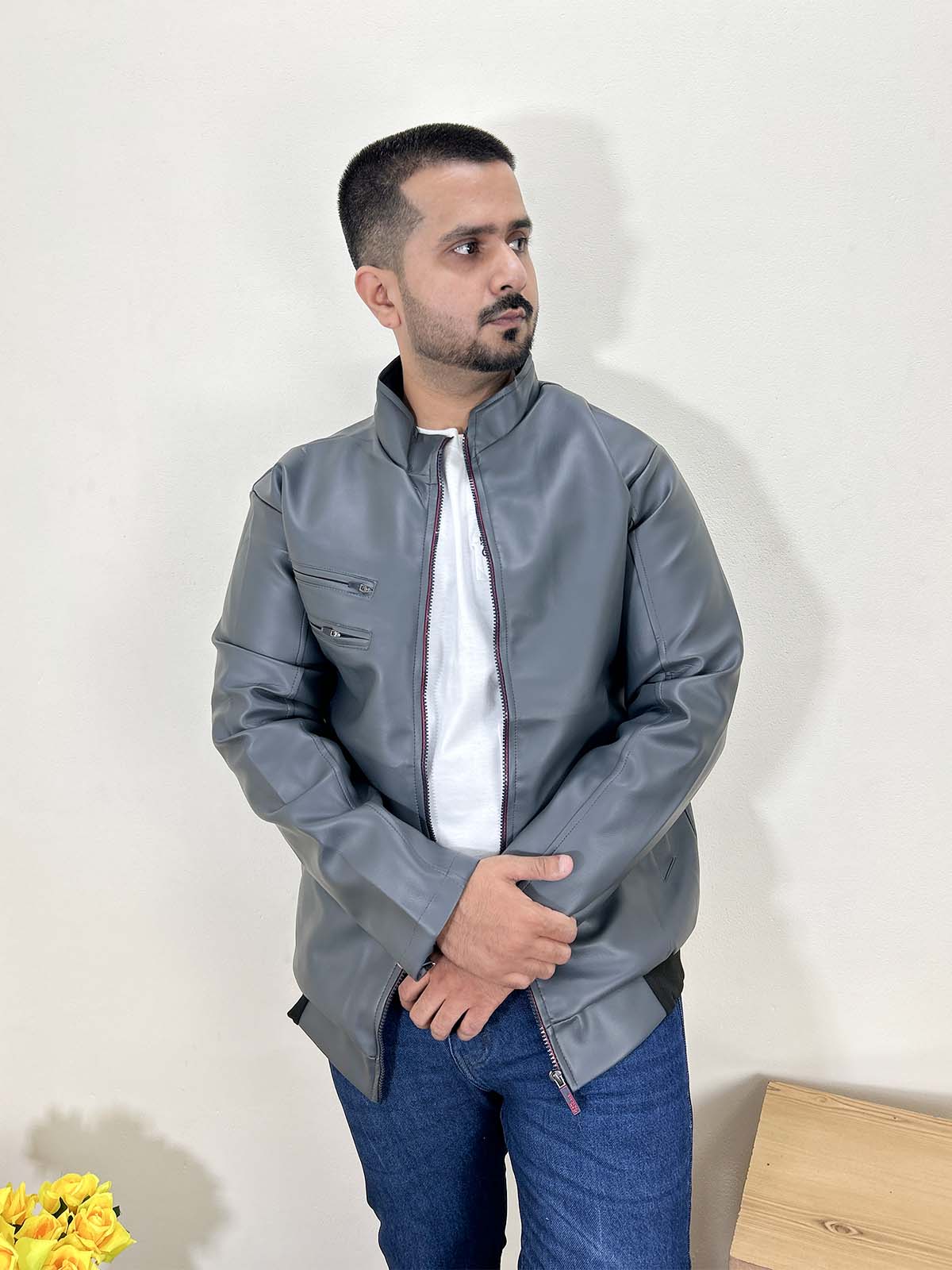 Grey Faux Leather Jacket For Men MJ31
