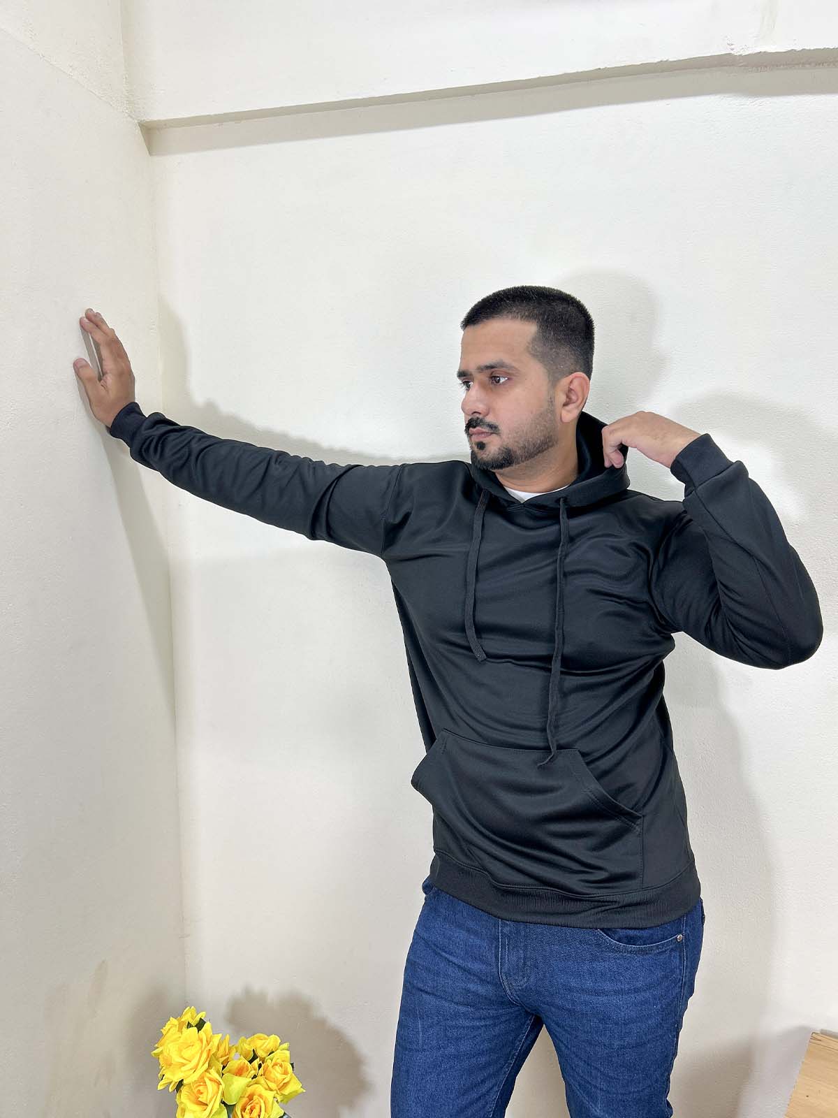 Black Plain Poly Fleece Hoodie Unisex MH43