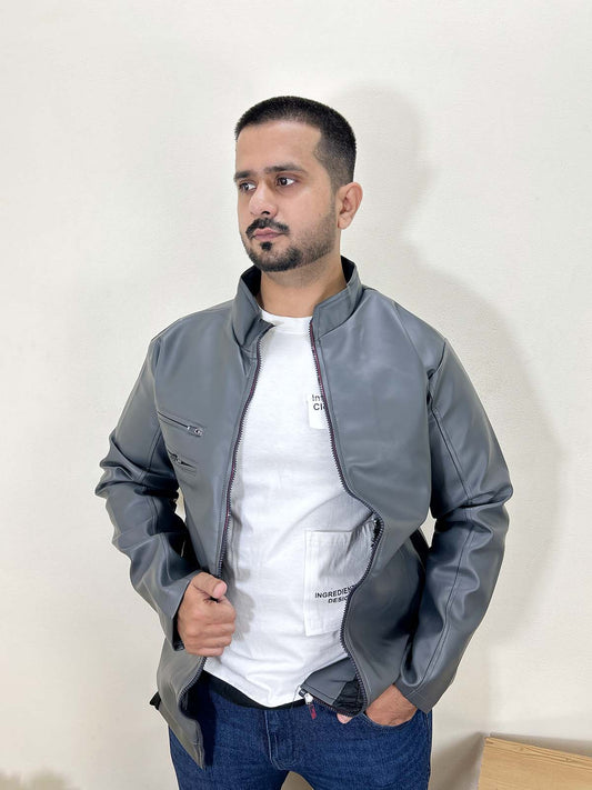Grey Faux Leather Jacket For Men MJ31