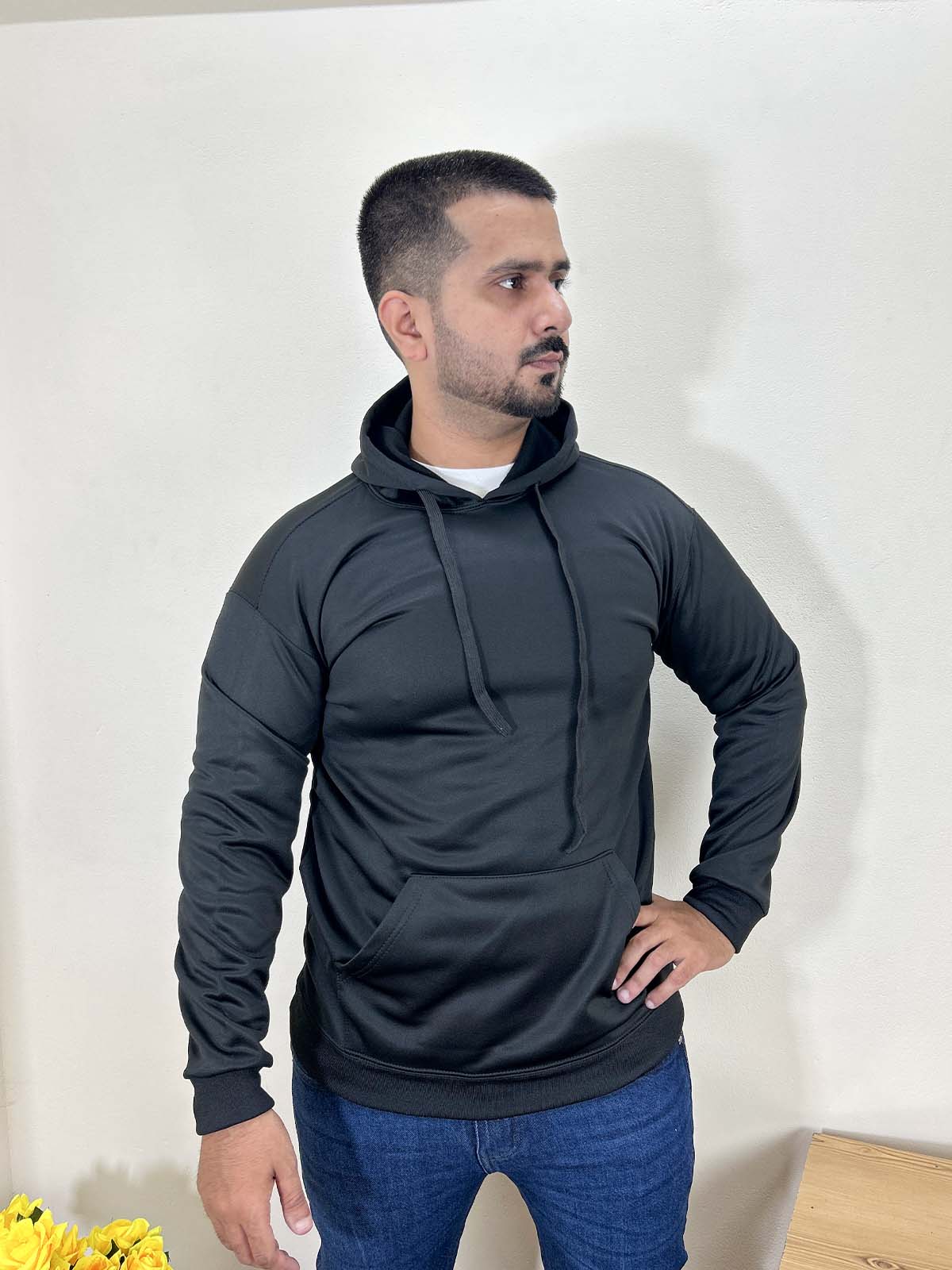 Black Plain Poly Fleece Hoodie Unisex MH43