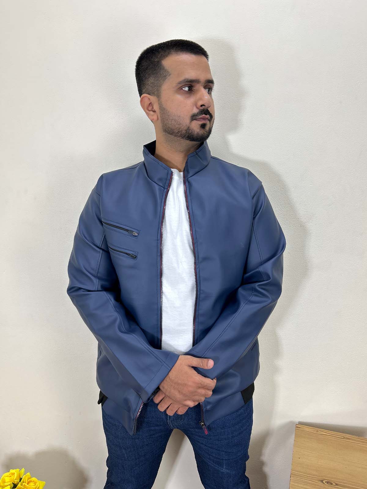 Blue Faux Leather Jacket For Men MJ33