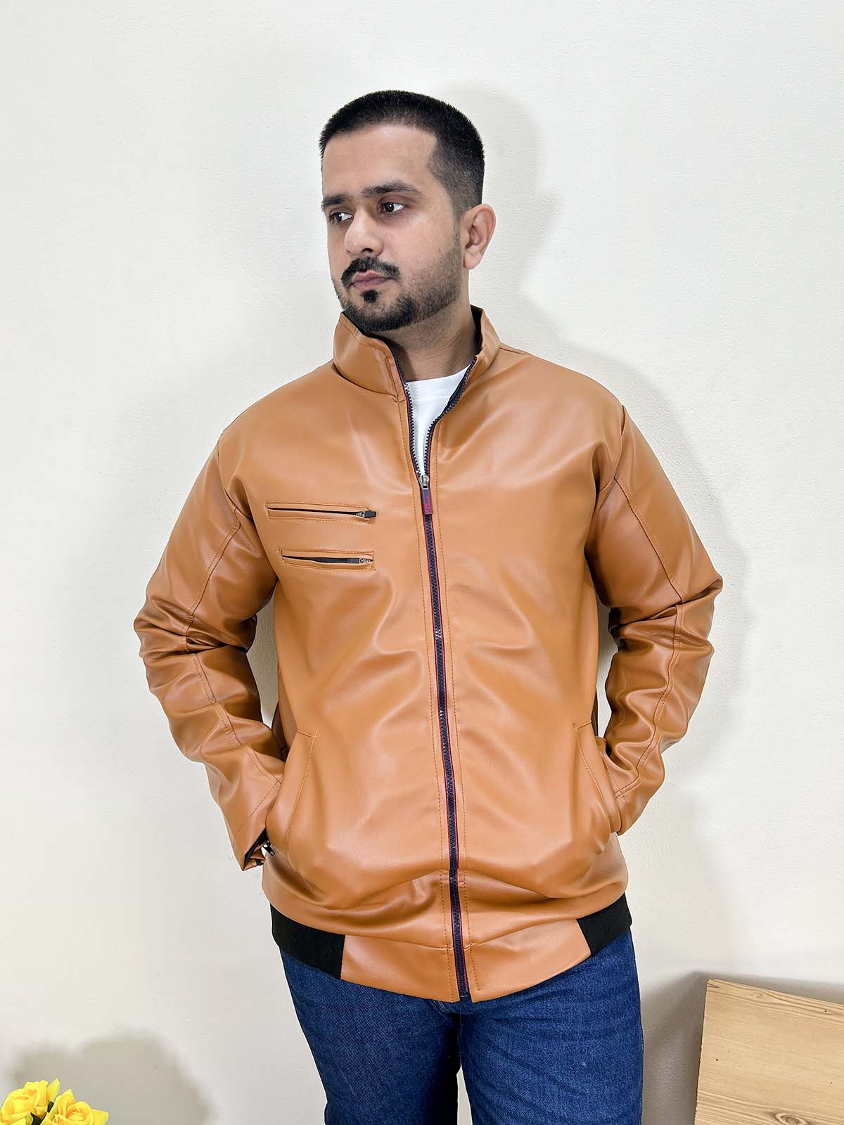 Bronze Faux Leather Jacket For Men MJ30