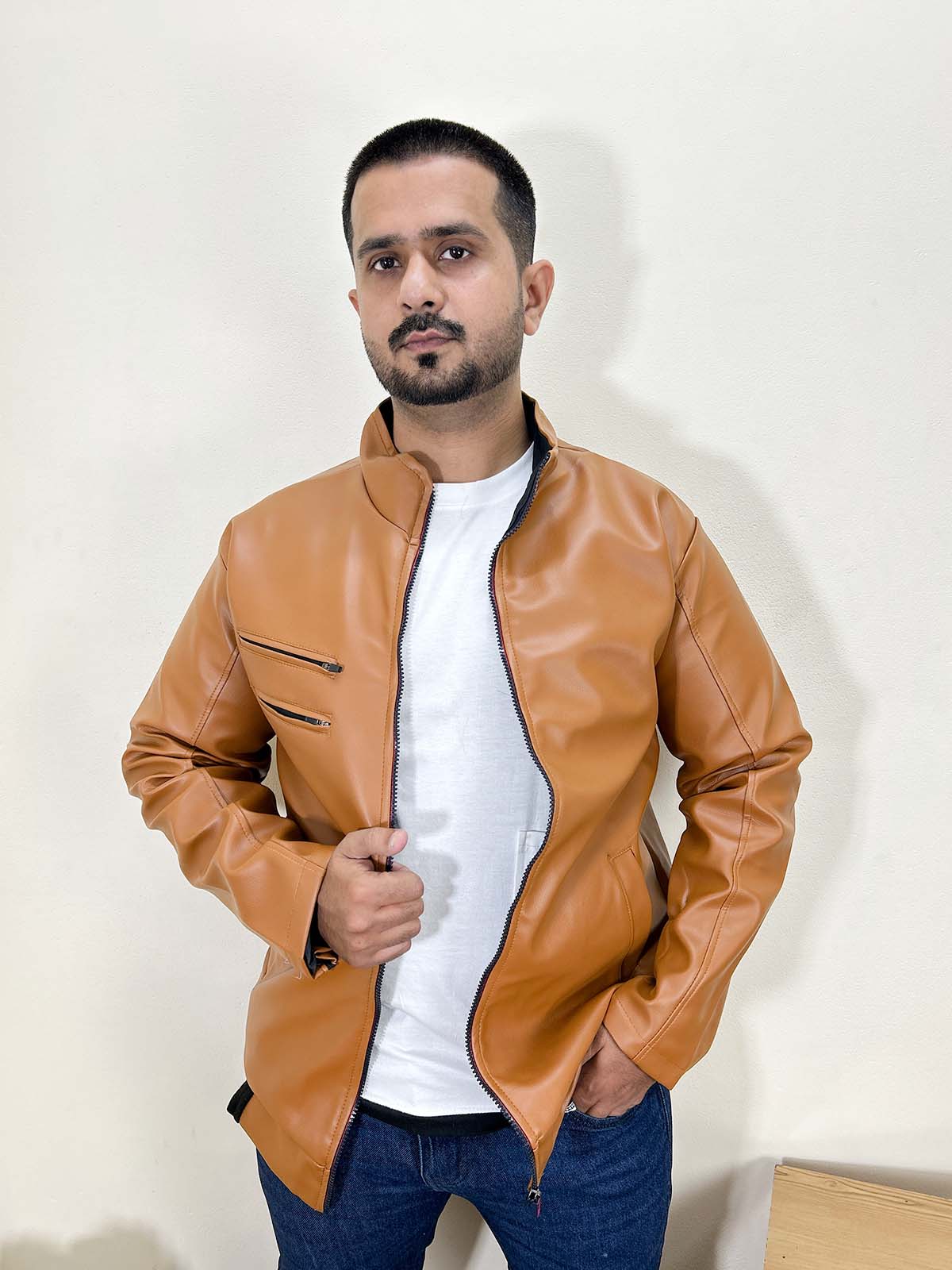 Bronze Faux Leather Jacket For Men MJ30