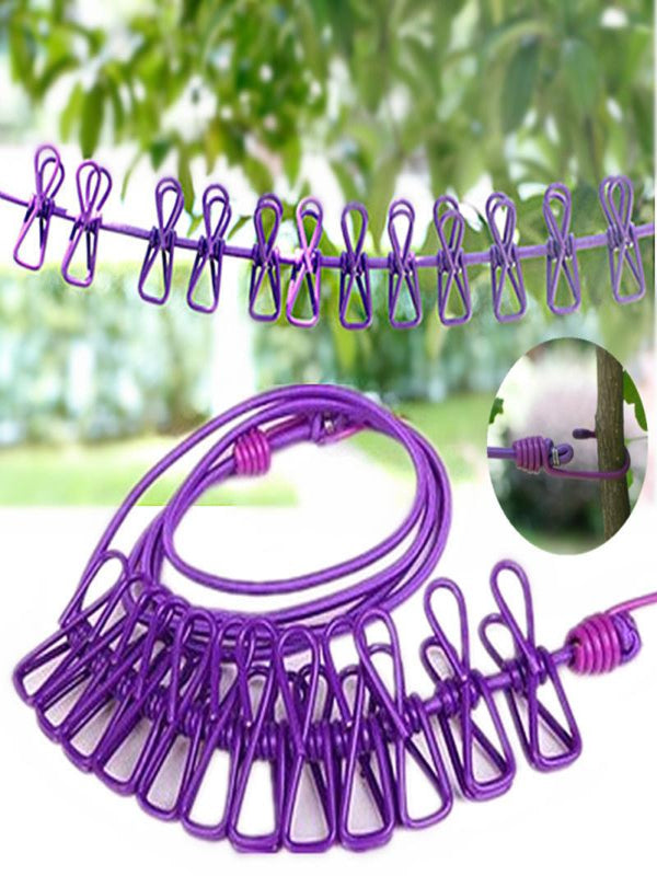 Portable Retractable Travel Clothesline With Non-Slip Clips Multicolor