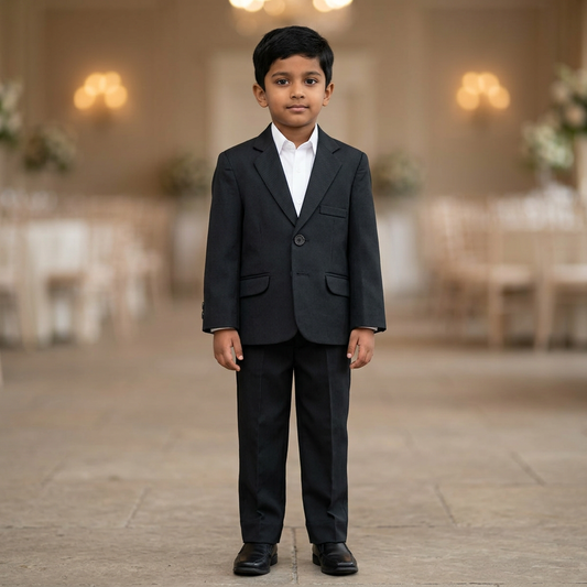 Boy modelling BCP35 black pinstripe coat and trousers against a softly blurred wedding backdrop. White shirt and black shoes are styling only, not included.