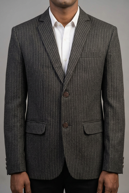 Close-up of a model wearing the latest pinstriped coat