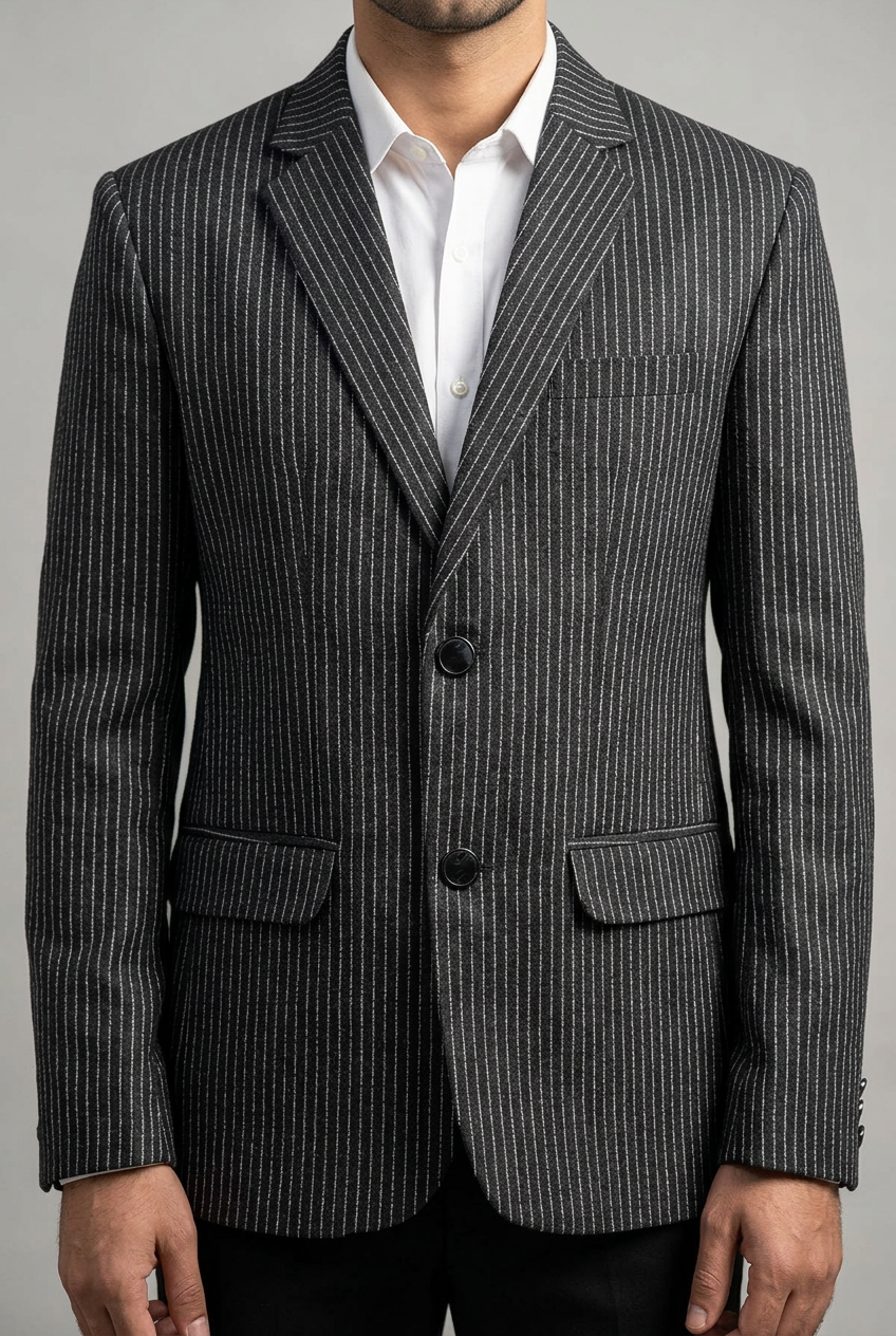 Close-up of the charcoal pinstriped coat on a model