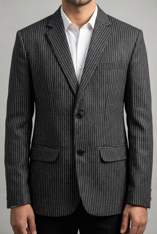 Close-up of the charcoal pinstriped coat on a model