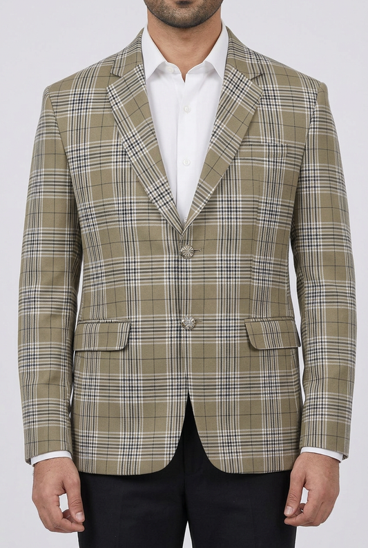 Close-up of the checked coat on a model