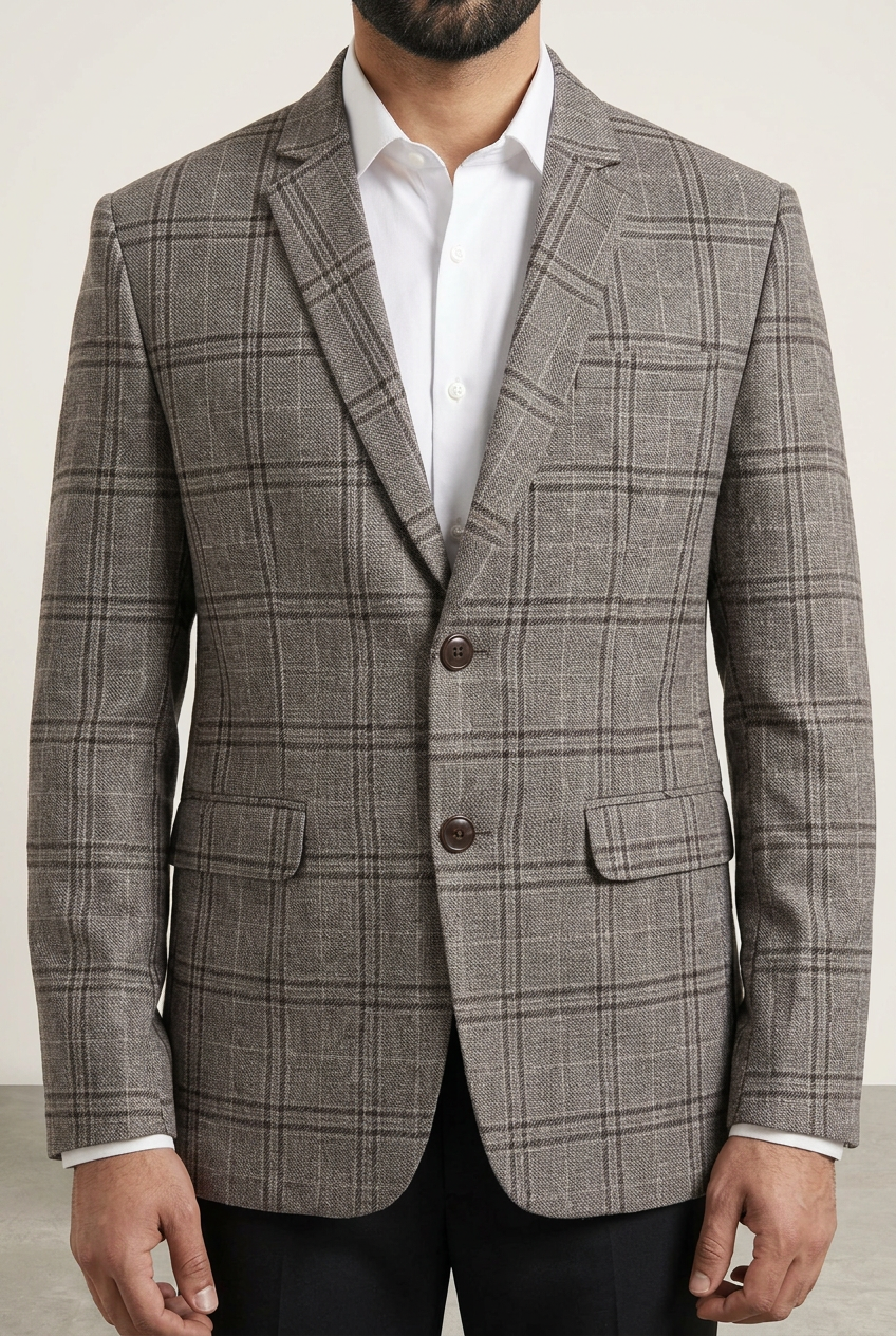 Close-up of the grey checked coat on a model