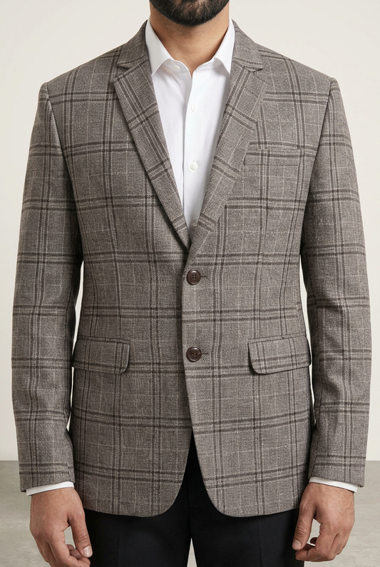 Close-up of the grey checked coat on a model