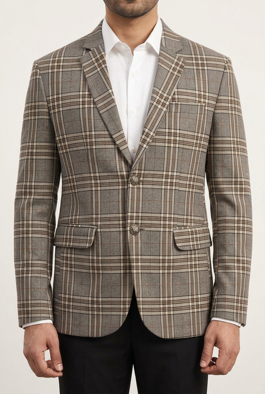 Close-up of the grey plaid coat on a model