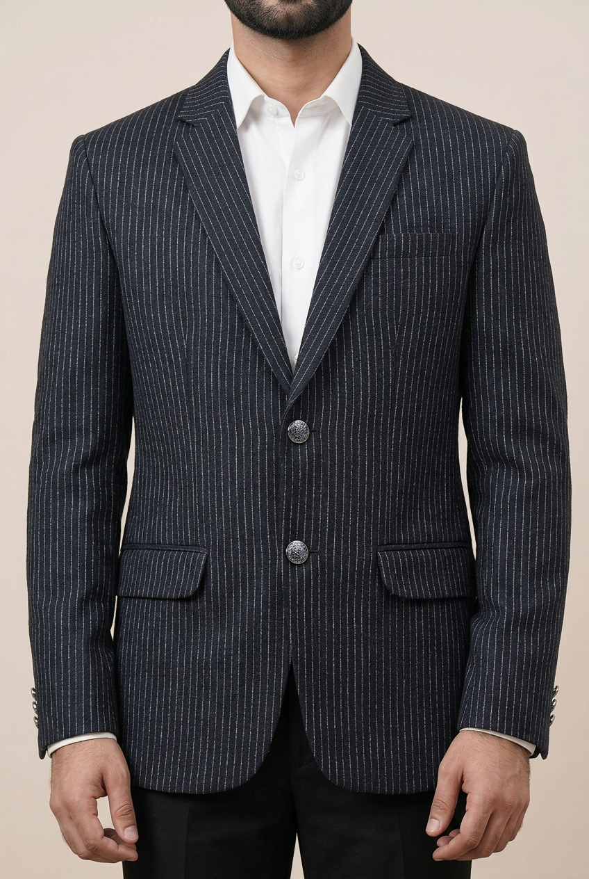 Close-up of the pinstriped coat
