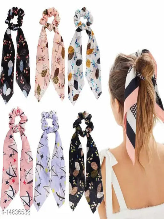 Pack Of 3 Ponytail Holders Hair Ribbon Scrunchies For Women - Multicolor & Multidesign