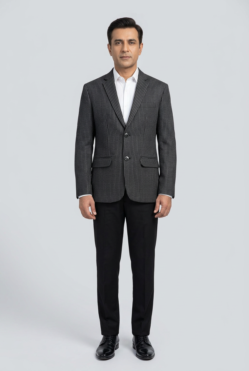 Full-body Pakistani male model wearing the charcoal pinstriped coat