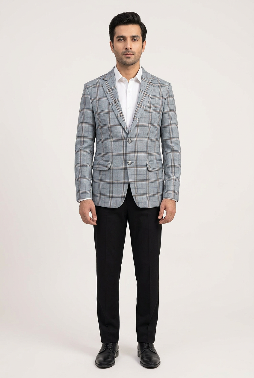 Full-body Pakistani male model wearing the light grey checked coat