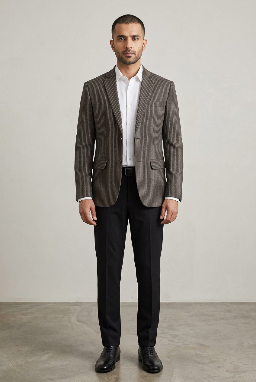 Full-body Pakistani male model wearing the pinstriped coat