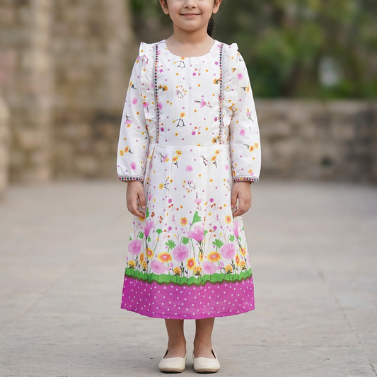 Girl modelling GF62 white and pink floral full sleeve frock with decorative trim and pink hem border in a softly blurred garden courtyard. Shoes are styling only.
