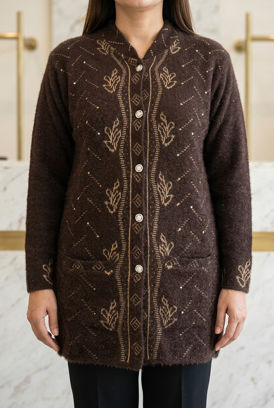 Woman wearing WSW120 chocolate-brown full-sleeve sweater with gold-tone leafy motifs, pale round buttons and two front pockets