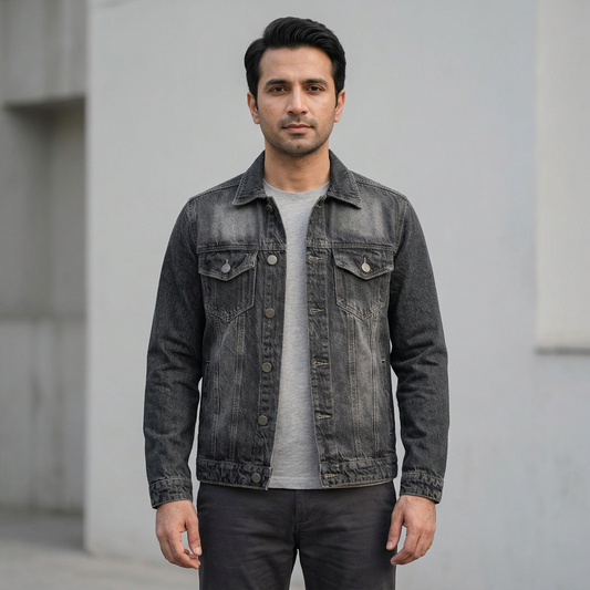 Pakistani adult man wearing faded black denim jacket MJ06
