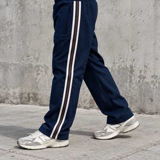 Man wearing navy blue MT245 trousers with brown and white side stripes and retro sneakers on an urban sidewalk, legs and feet only