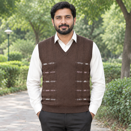 Pakistani man outdoors wearing dark rust sleeveless V-neck sweater MSW86 over an off-white shirt