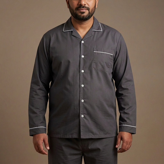 Close product view of MNS20 dark grey night suit on a Pakistani male model with a fuller build