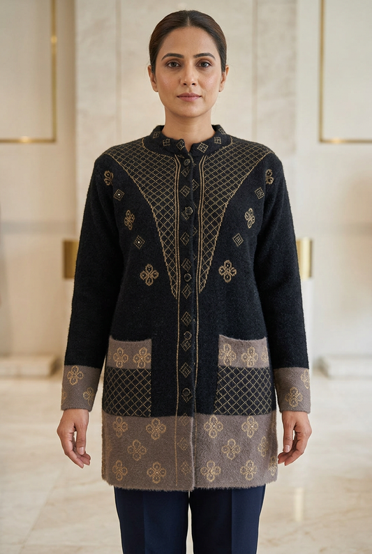 Woman wearing WSW113 black full-sleeve sweater with gold-tone diamond detailing, two patterned pockets and taupe cuffs and hem