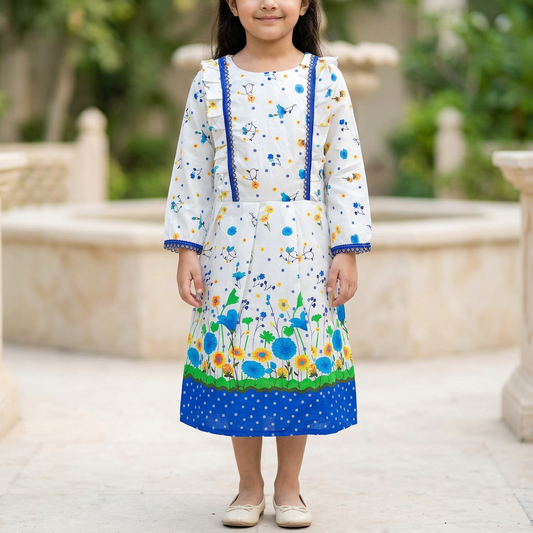 Girl modelling GF61 white and blue floral full sleeve frock with blue lace trim and blue hem border in a softly blurred garden courtyard. Shoes are styling only.