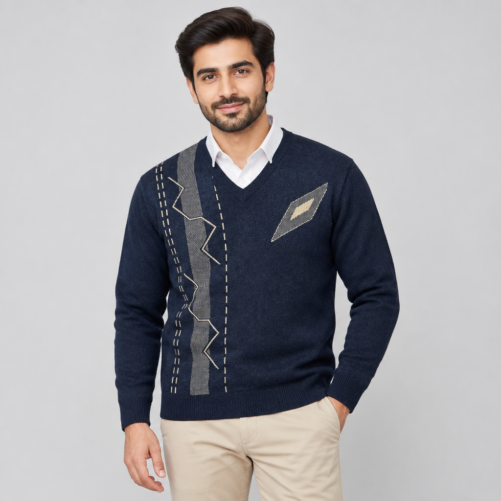 Pakistani man wearing Navy Blue V-Neck Full Sleeves Sweater MSW74