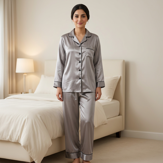 Adult woman wearing WNS63 silver-grey button-front night suit with black piping and matching trousers