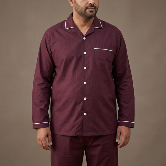 MNS17 maroon night suit with white piping on a Pakistani male model with a fuller build, close product view