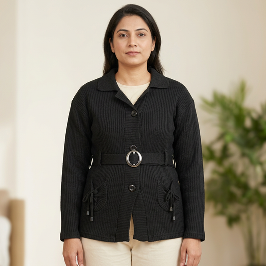 Pakistani adult woman wearing black full sleeves short belted sweater WSW42