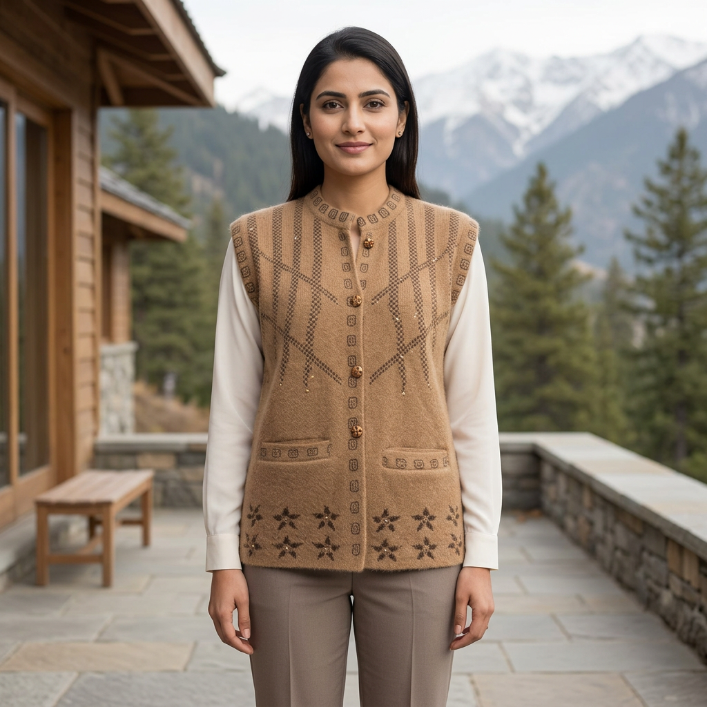 Pakistani woman wearing the brown patterned sleeveless WSW95 sweater over an ivory blouse on an elegant mountain terrace.