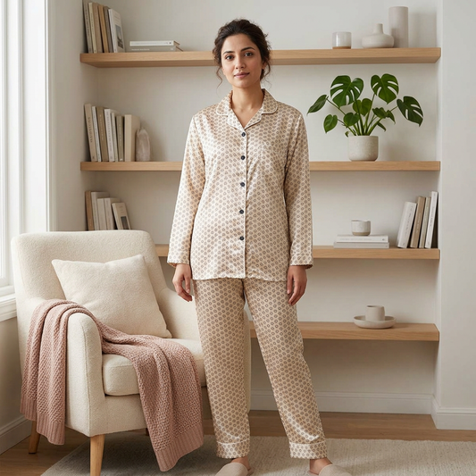 Adult woman wearing WNS44 beige heart-print night suit with matching trousers in a modern reading corner