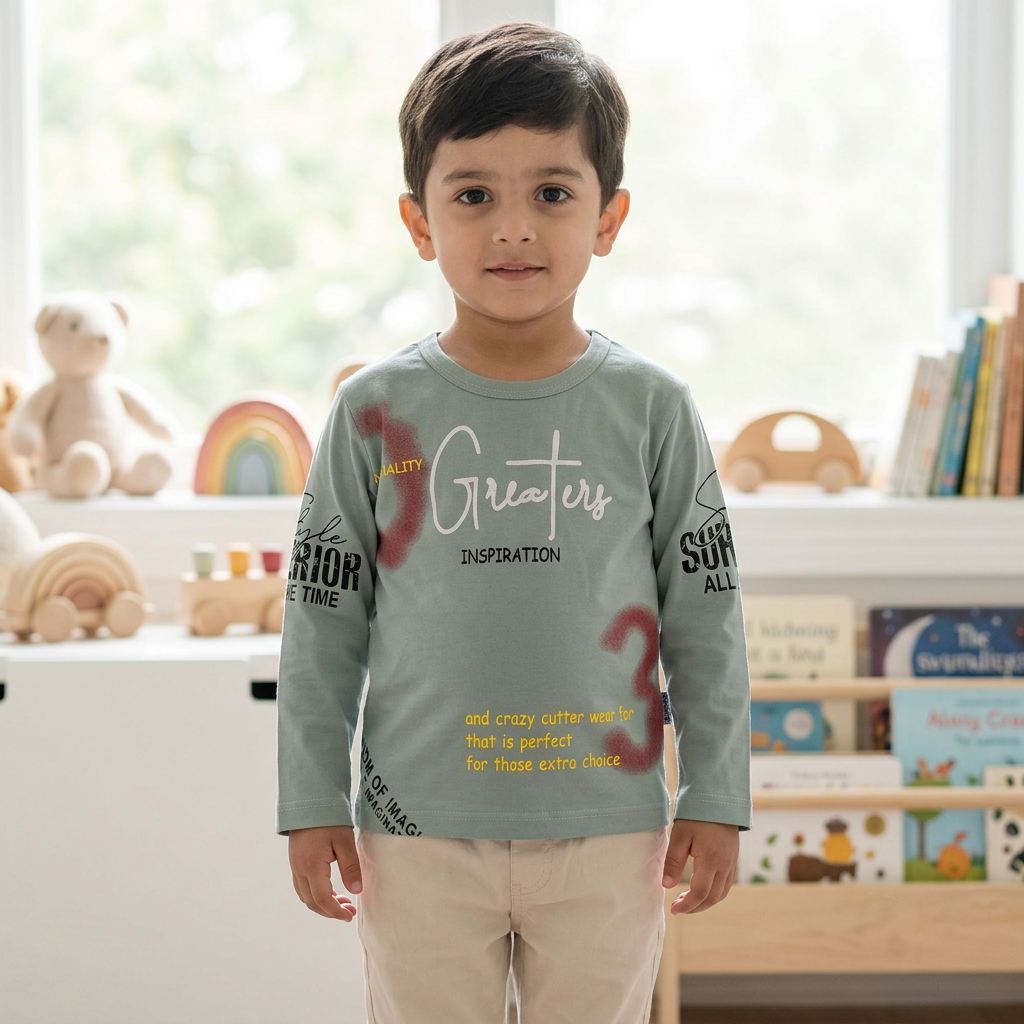 Toddler wearing boys' sage-green full-sleeve Greater graphic T-shirt BTS168