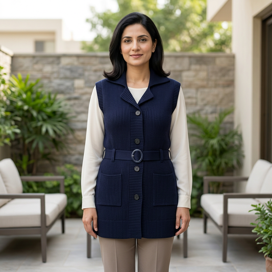 Adult Pakistani woman wearing the navy blue sleeveless long belted sweater WSW38 over an ivory blouse on an elegant terrace.
