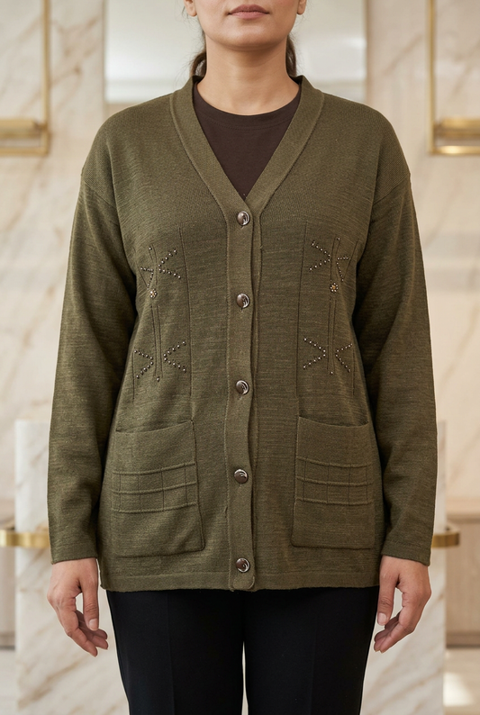 Woman wearing WSW108 olive-green full-sleeve V-neck sweater with beaded motifs, button front and two patch pockets