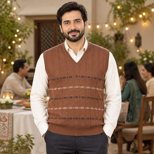 Pakistani man wearing rust sleeveless V-neck sweater MSW81 over an off-white shirt at a family dinner party