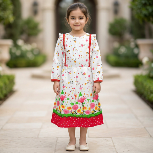 Girl modelling GF60 white floral full sleeve frock with red lace trim and red hem border against a softly blurred garden courtyard. Shoes are styling only.